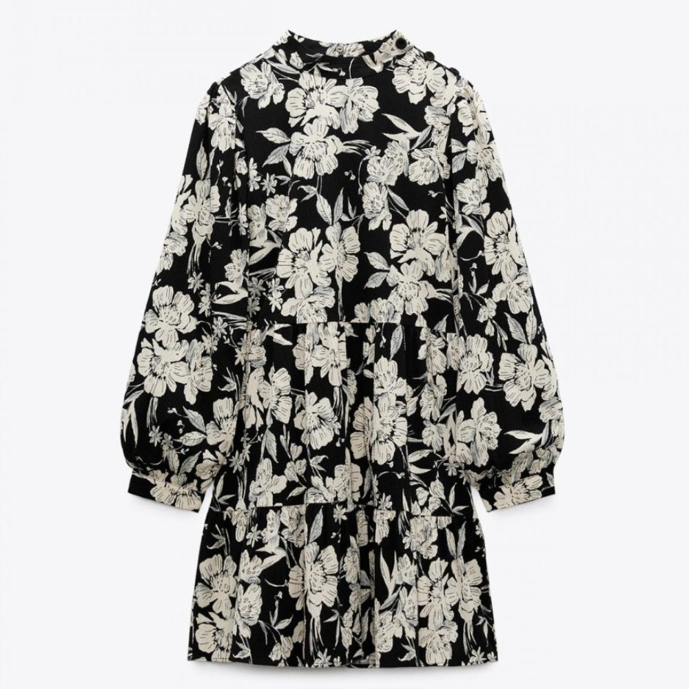 ZARA | Floral Long Sleeve High Mock Neck Black + White Mini Dress (M)